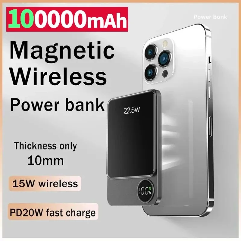 100000mAh Portable Powerbank Type C Wireless Power Bank Magnetic Fast Charger For iPhone Xiaomi Samsung All Magsafe Series Phone