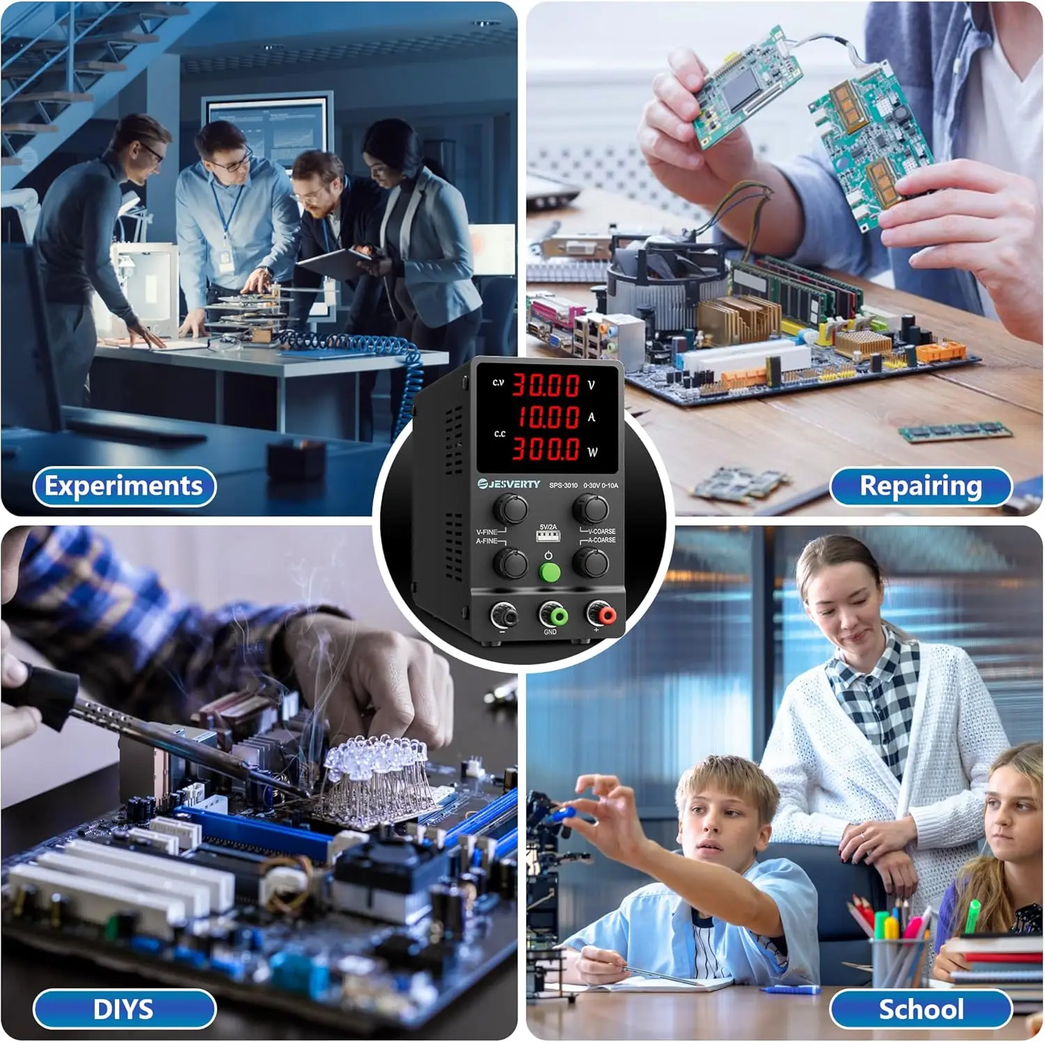 DC Power Supply 0-30V 0-10A Adjustable with 4-Digit LED, USB 5V/2A, Coarse/Fine Control SPS-3010