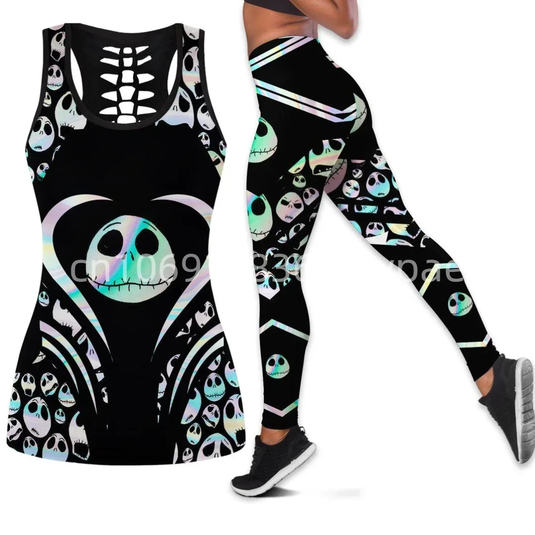 Disney Jack Skellington Women Cutout Tank Top Leggings Yoga Set Summer Fitness Tracksuit Hollow Tank Top Leggings Set