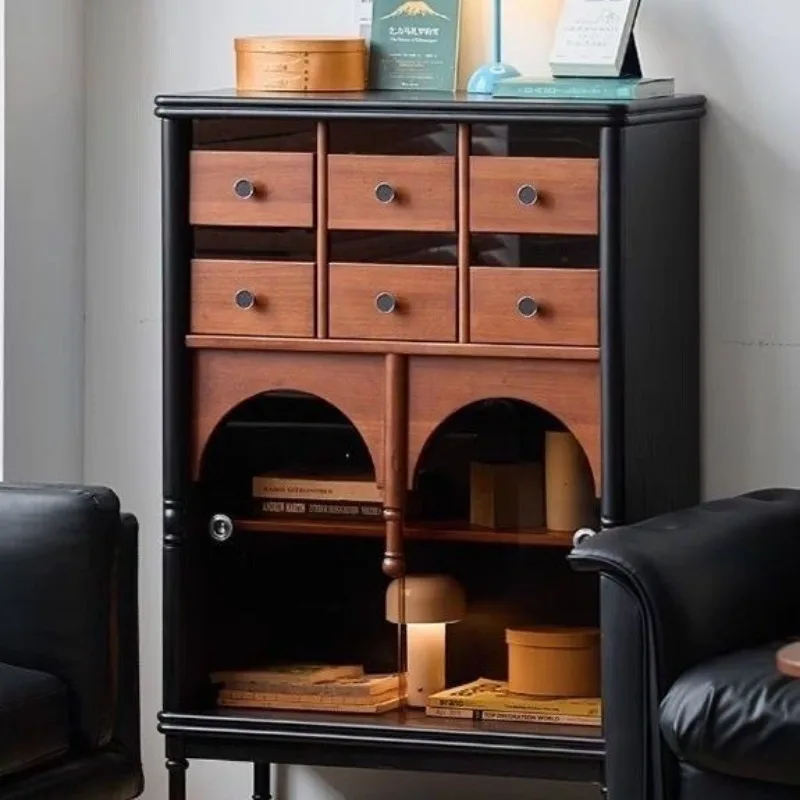 American double color solid wood bucket cabinet medieval living room sofa side cabinet retro display cabinet