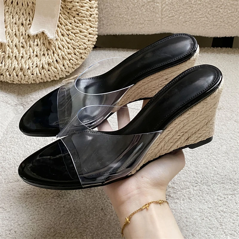 Eilyken Fashion Design Vine Weave Wedges Heels Women Slippers Summer PVC Transparent Round Open Toe Female Shoes