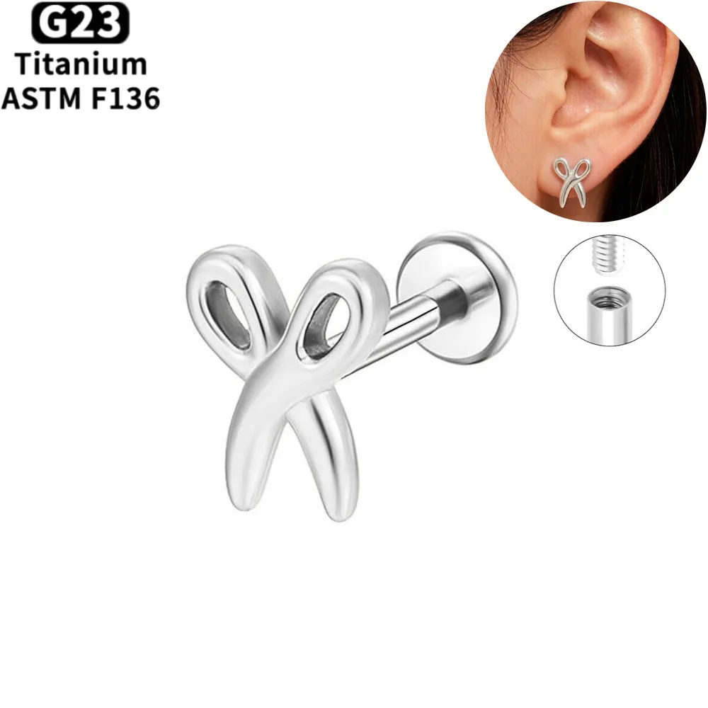 ASTM F136 Titanium Tiny Scissors Labret Stud 16G Internal Thread Flat Back Tragus Helix Monroe Cartilage Piercing Jewelry Unisex