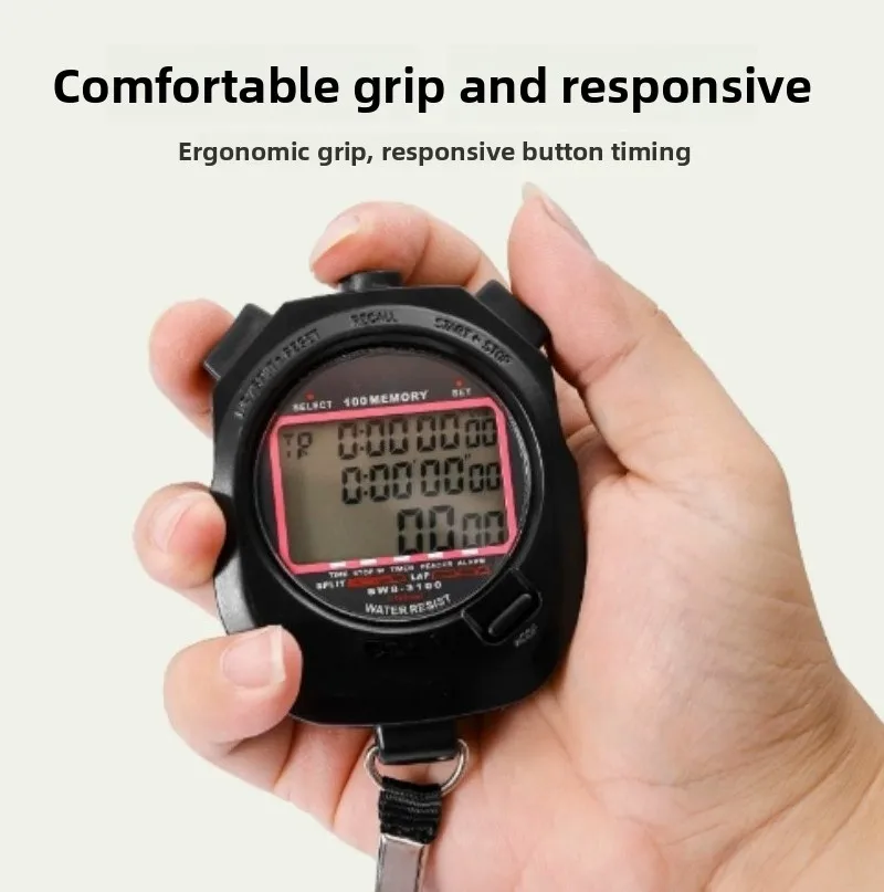 SW8-3100 Digital Stopwatch 1/100 Second, 3-Row Chronograph with 100 Lap/Split Memory Counter Timer