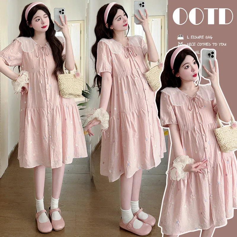 

Maternity Dress Summer 2026 Sweet Cute Flower Embroidery Lace Peter Pan Collar Pink Short Sleeve Dress for Pregnant Women
