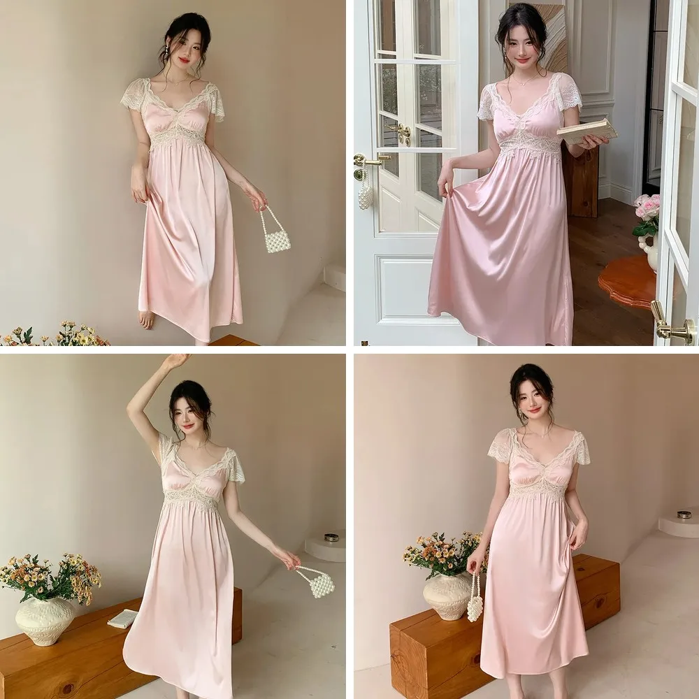 French Style Summer Nightgown for Women, Ice Silk Short Sleeve Pajama Set, Sweet Princess Home Dress