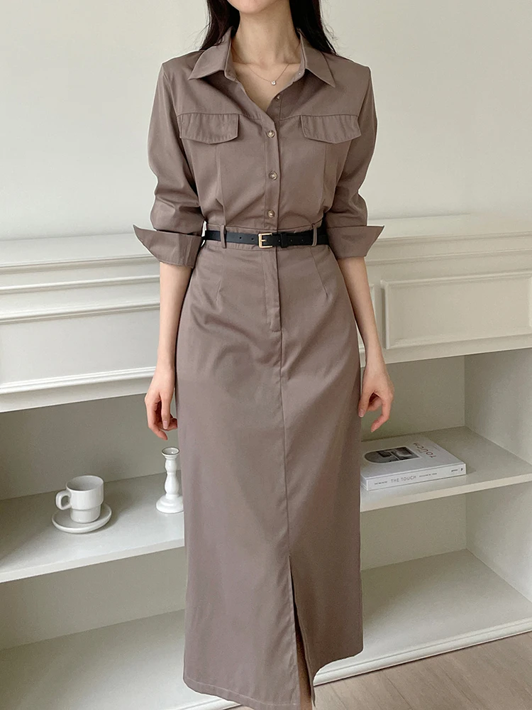 

Minimalism Shirt Dress Women 2024 New Long Sleeve Elastic High Waist Elegant Office Ladies Buttons Dress Female Dress with Belt