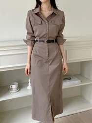Minimalism Shirt Dress Long Sleeve Belt Split Dress High Waist Elegant Office Ladies Spring Autumn Female Dresses