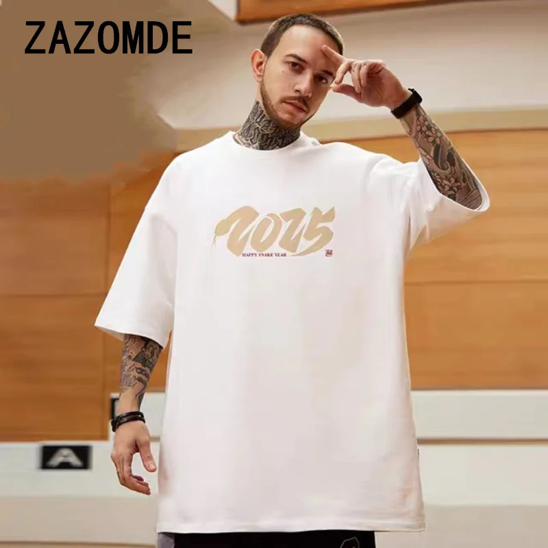 ZAZOMDE 2025 Printing Cotton T-Shirt Man Fashion Oversized Clothes Personalized Pattern Short Sleeve Crew Neck High Quality