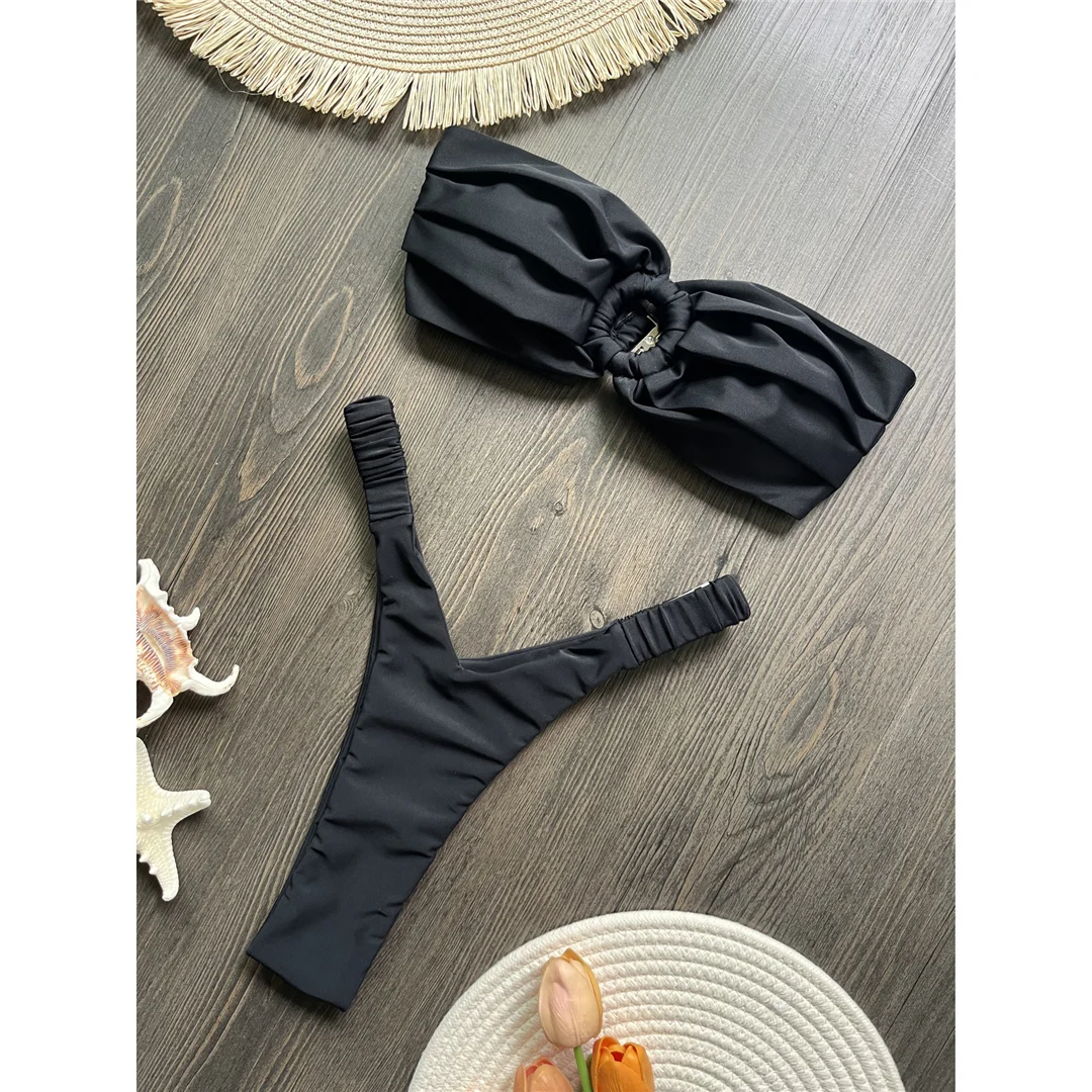 Gefalteter Bandeau-Bikini mit hohem Beinausschnitt, Mini-Tanga, Damen-Badeanzug, zweiteiliges Bikini-Set, Badebekleidung, Badeanzug, Schwimmbekleidung V6085 – Detail 22