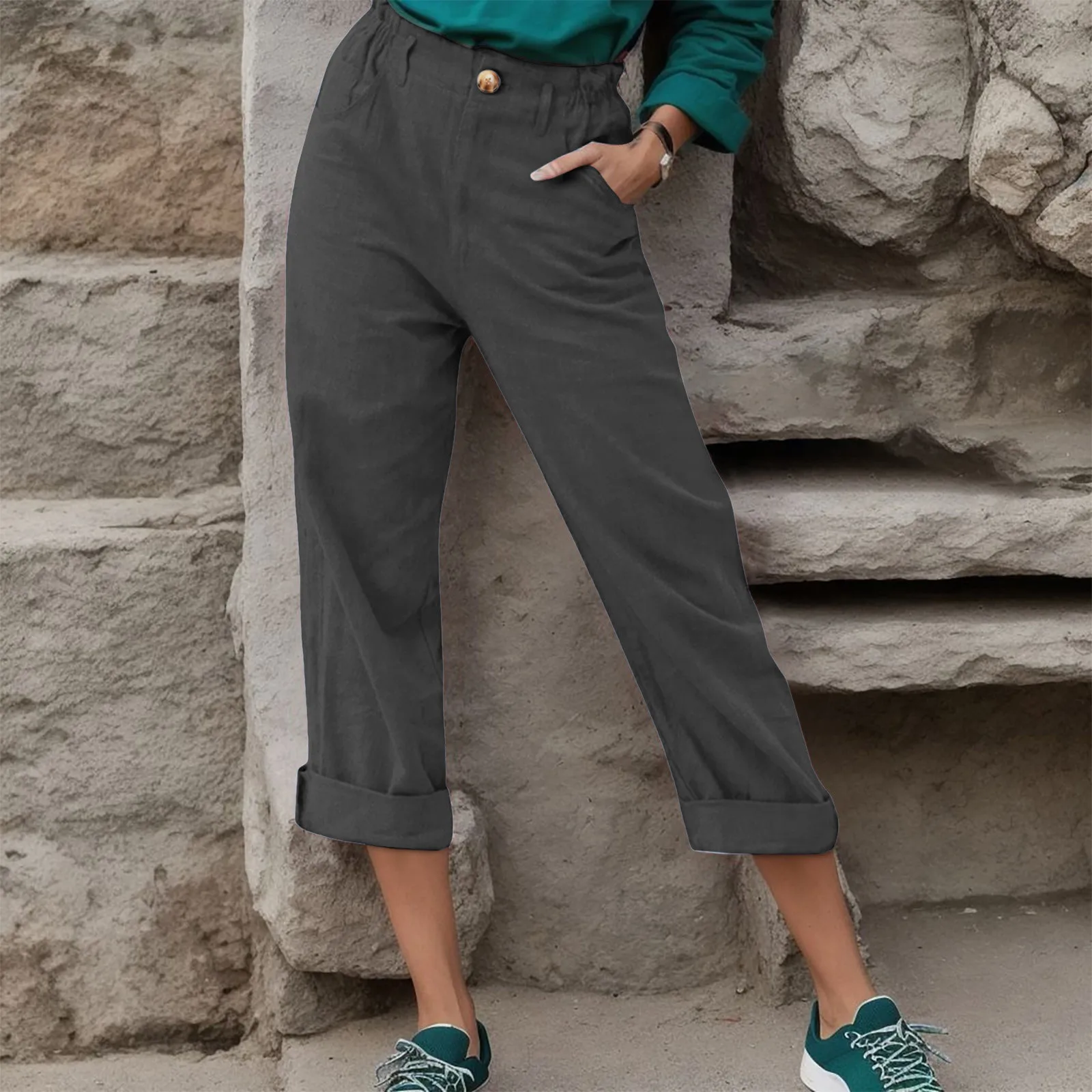 

Women Cotton Linen Trousers Elastic Waist Button Drawstring Pants Casual Pocket Pants Solid Color High-Waisted Slacks Summer