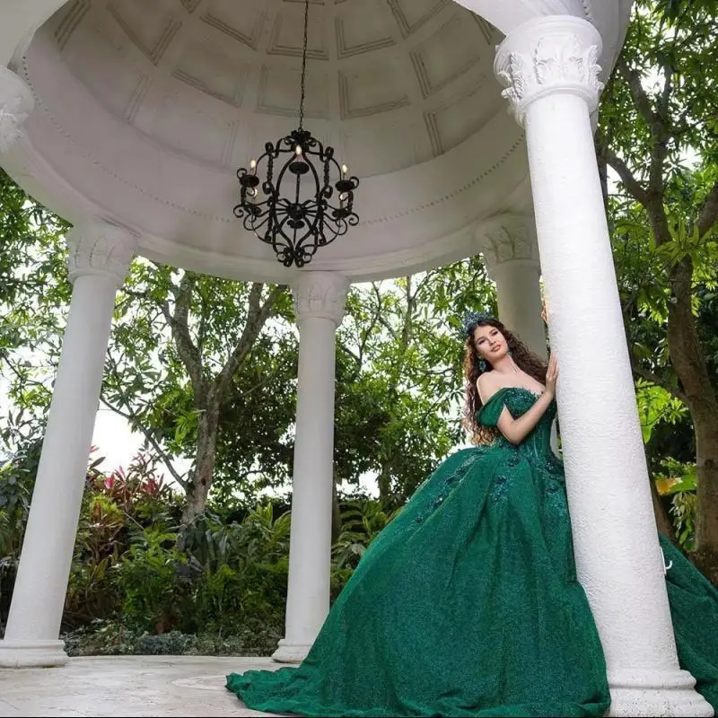 Personalizado glitter verde escuro quinceanera vestido de baile apliques frisado espartilho vestidos doce 16 vestido de 15 anos