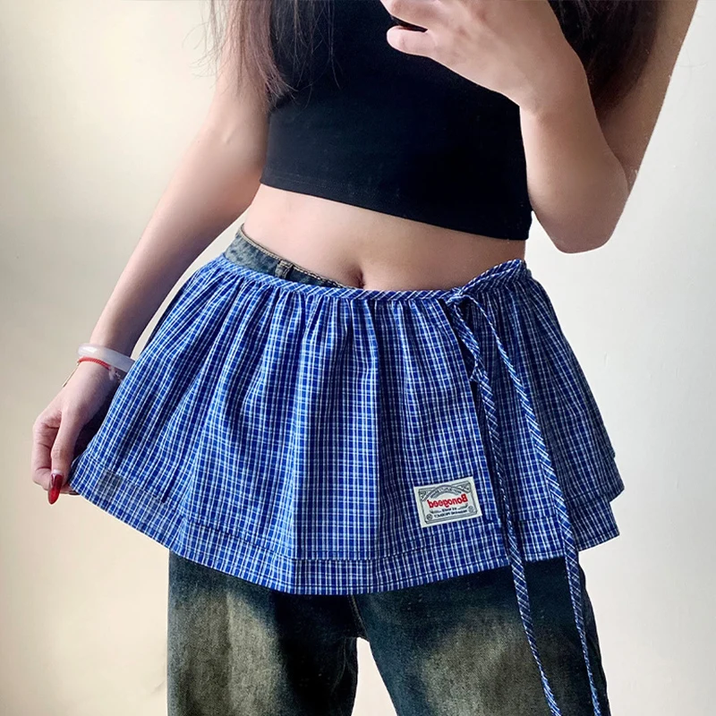 Korean Retro Small Plaid Lace Up Fart Curtain Short Skirt For Women One-piece Layered Skirt With Curtain Base Fashionable Style