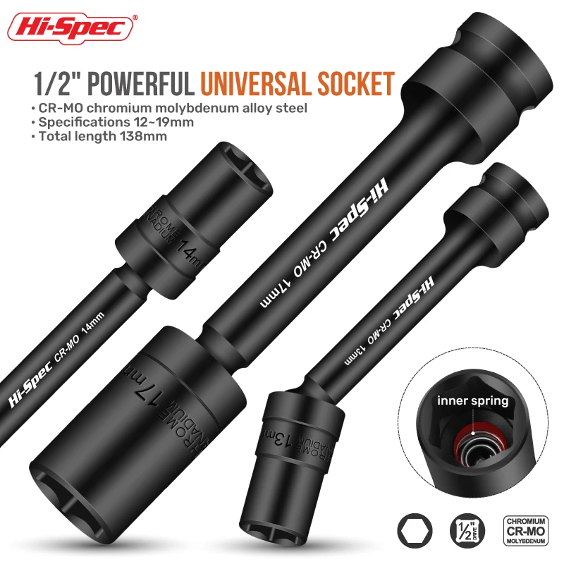 Hi-Spec Impact Swivel Socket Set - Universal Joint, Cr-Mo Steel, 1/2-Inch Drive