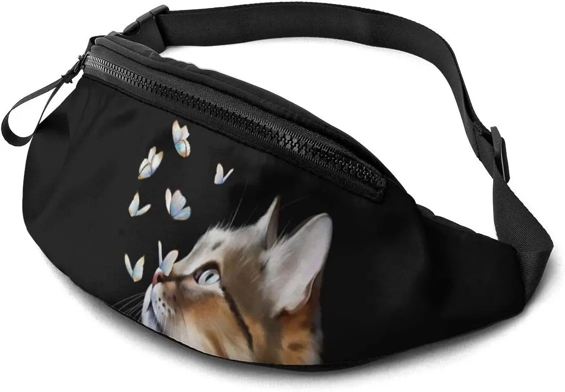 Bolsa de cintura com bolso ajustável para mulheres, animal aquarela, gato e borboleta, bolsa de cinto com furo para auscultadores, bolsa bum hip, moda