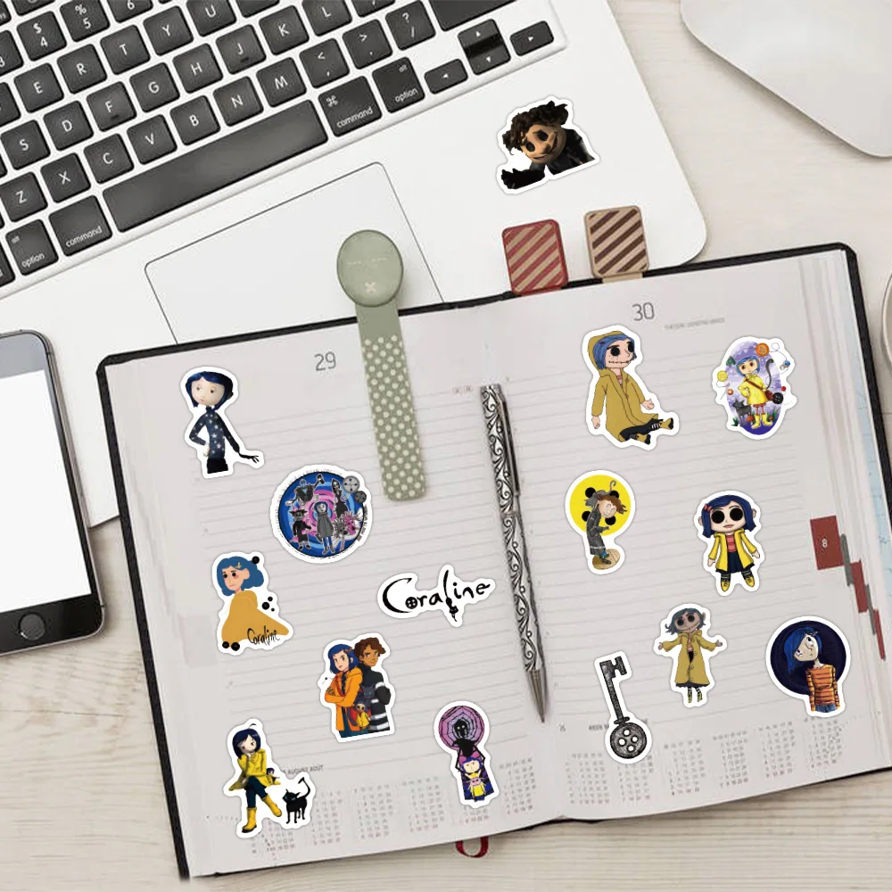 60 szt. Naklejek z filmu horroru Coraline i Tajemnicze Drzwi, naklejki na telefon, album, walizkę, kreskówkowe naklejki graffiti, naklejki na artykuły papiernicze
