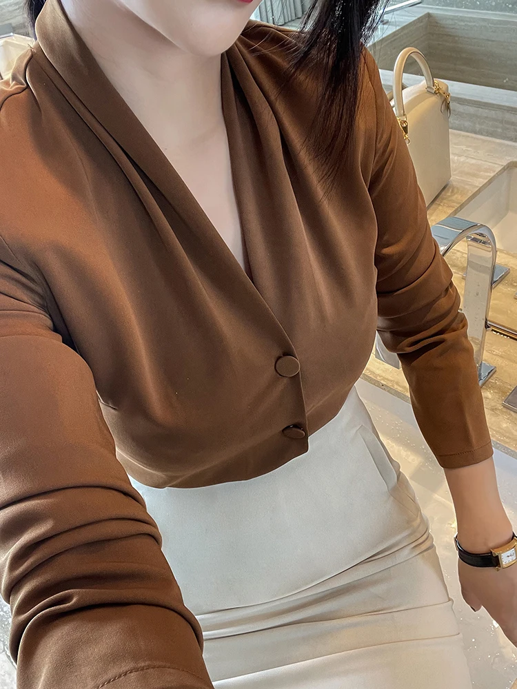 

Busin Women's Long Sve irt Commute Sle V-Ne Button Pure Color Slim Fit Hong Kong Faion Autumn Wear Ladies' Prem...