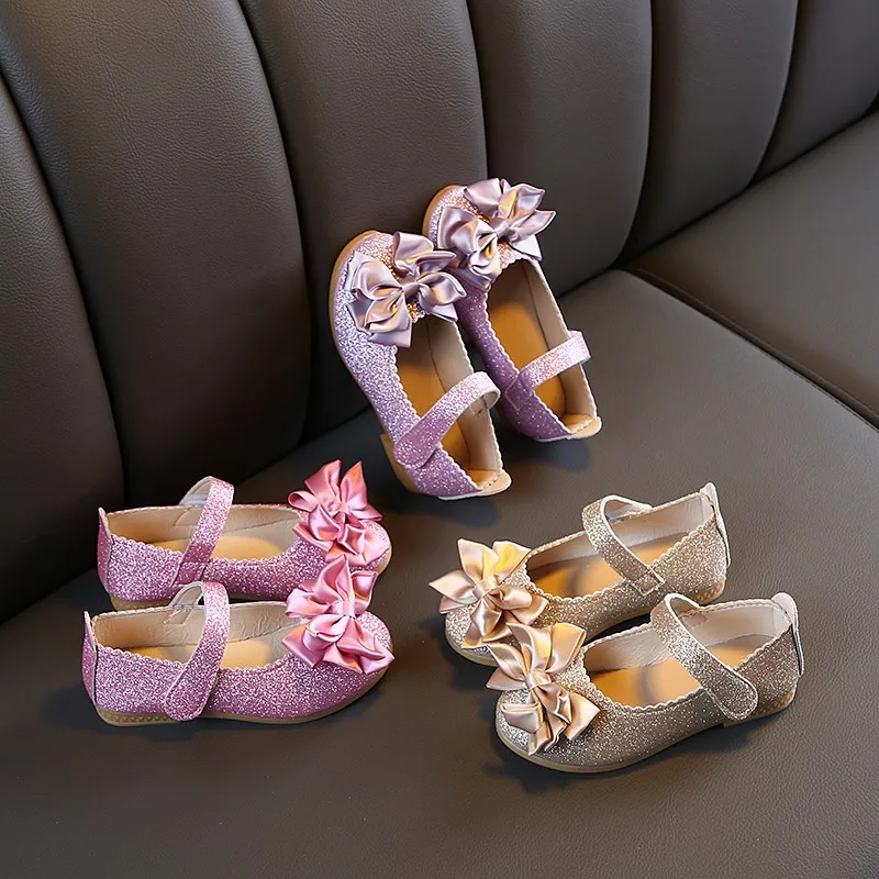 

Kids Leather Shoes Girls New Design Sequined Bow Single Shoes Fashion Soft Sole Princess Stage Performance Sandals Toddler Shoes