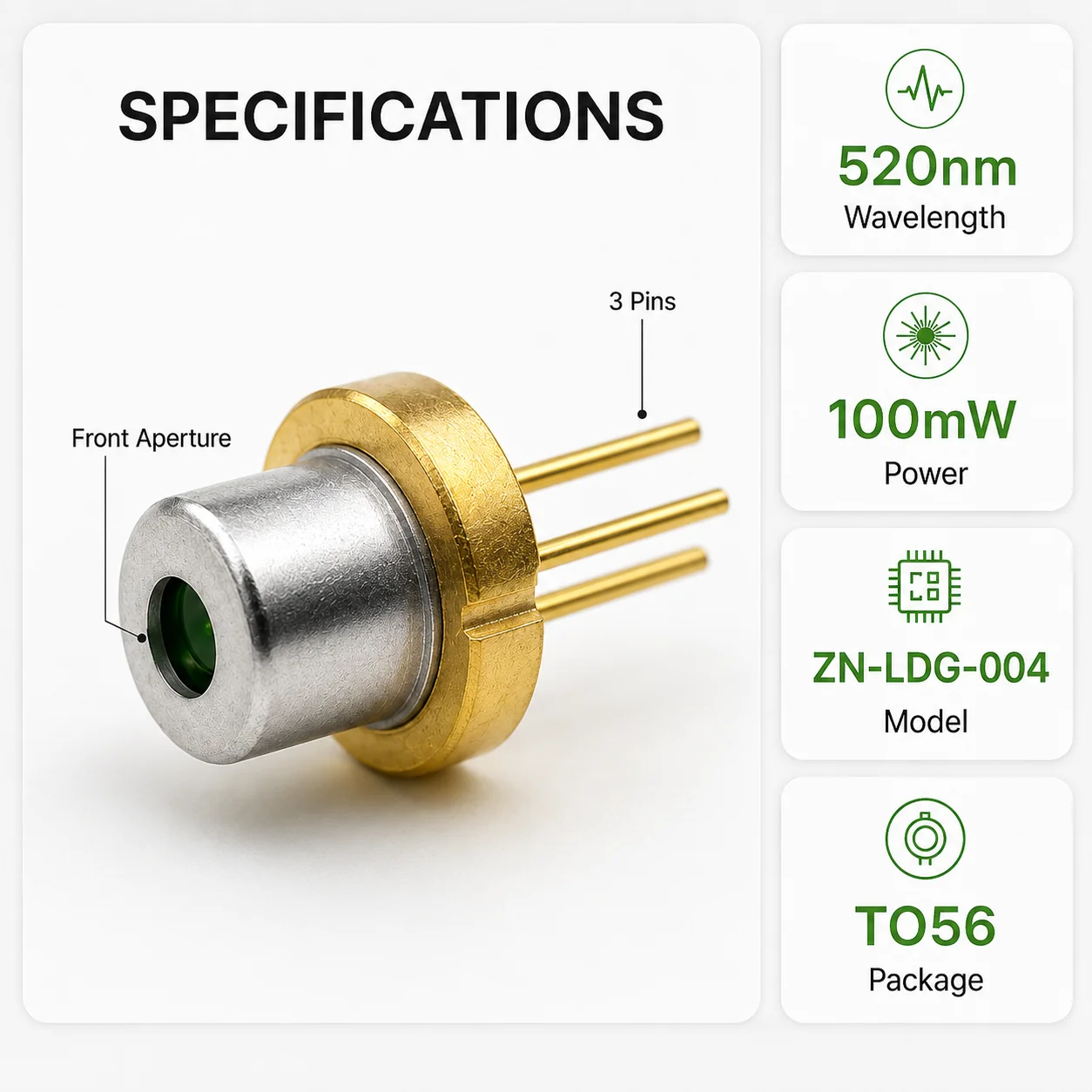 520nm 100mW Green Laser Module TO56 Diode ZN-LDG-004 DIY Optics Sensor Instrument Tool Accessories Electronic Component Hardware