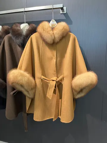Women's Double-Sided Wool Coat with Luxurious Fur Collar High-End Autumn Winter Fashion Shoulder Cloak Stylish And Elegant