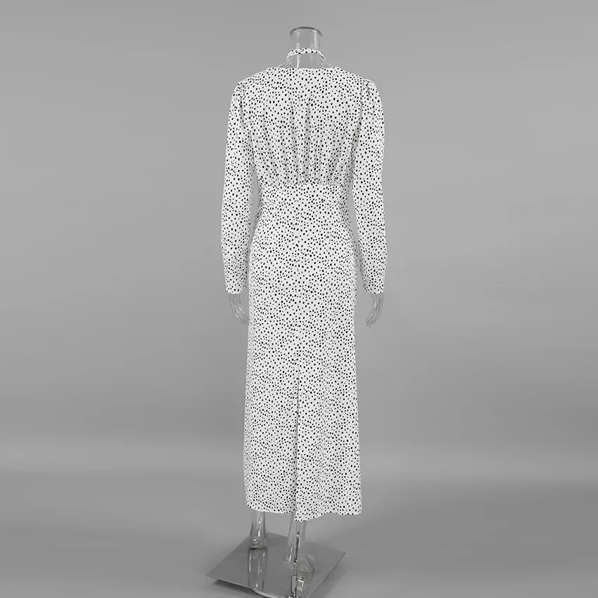 Robe sexy européenne et américaine, col en v, manches bulles, pois, fente florale, jupe longue transfrontalière à la mode, automne 2025