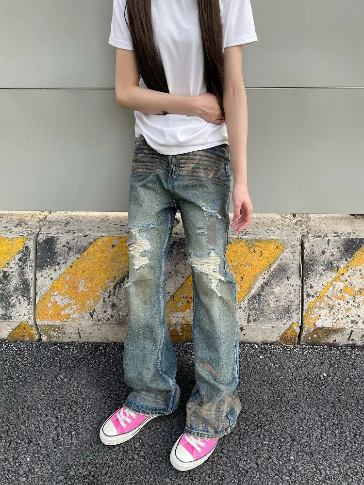 American High Street Cleanfit Retro Graffiti Men Women Loose Couple Jeans Tear Wear Resistant mid Waist Zipper Casual Jeans