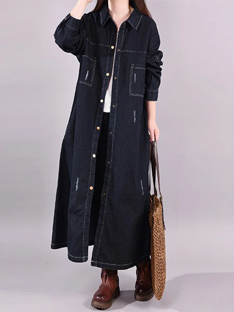 

Корейский японский бренд, женское винтажное джинсовое пальто, свободное длинное пальто из чистого хлопка с воротником-стойкой, весна-осень...