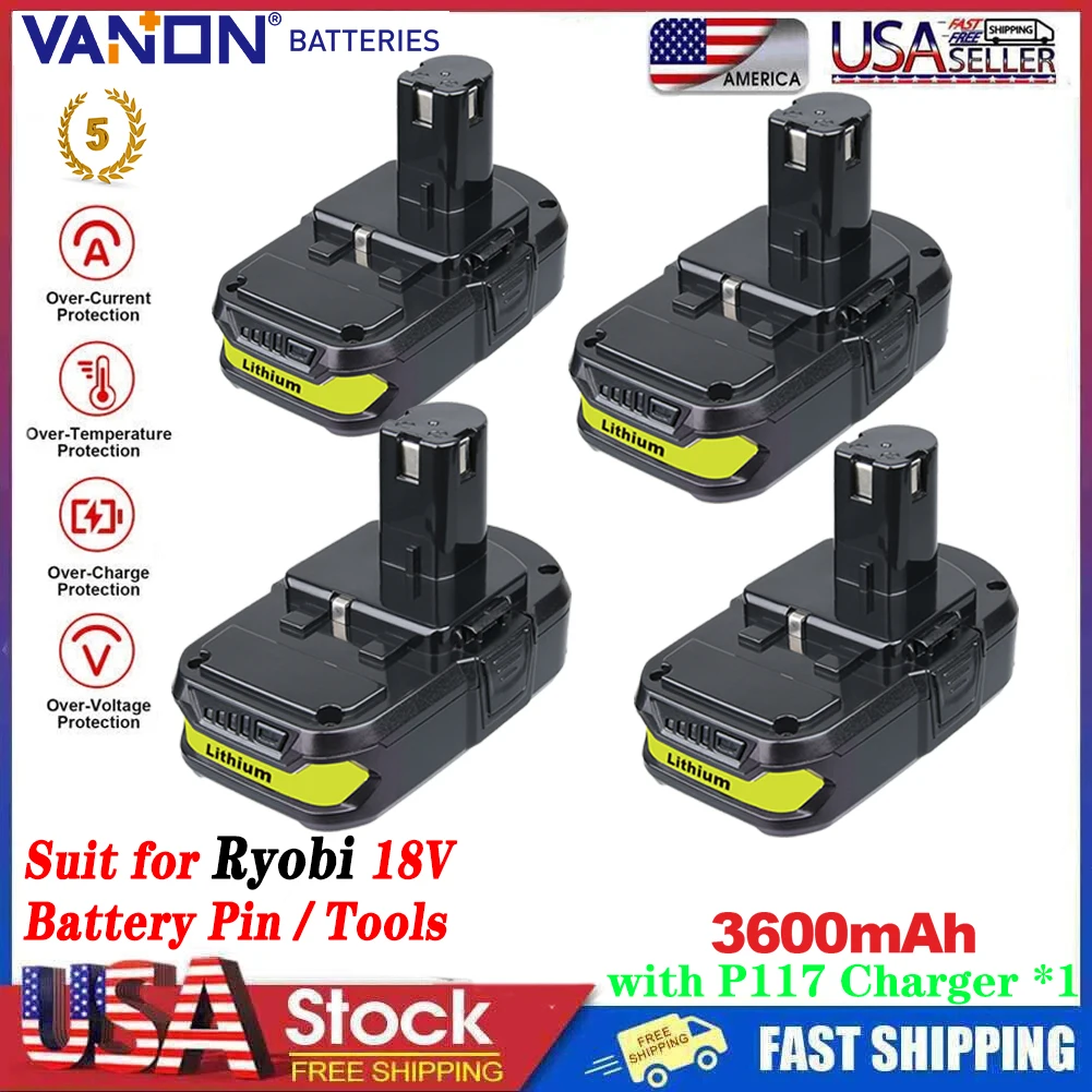 

VANON 3.6Ah Replace for Ryobi 18V P102 P103 P108 P109 Li-on Battery Pin Compatible with Ryobi 18V Cordless Power Tools 4 Packs