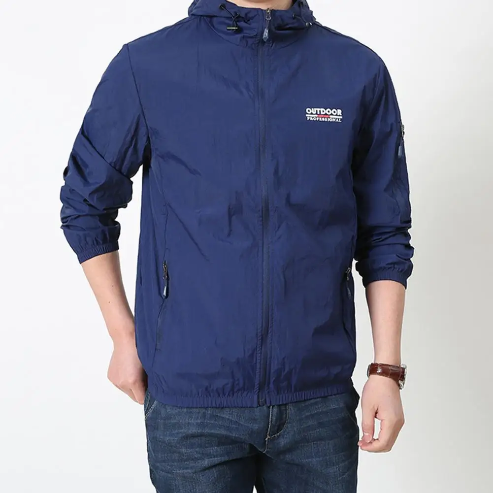 Men Summer Sun Protection Coat Hooded Drawstring Long Sleeve Anti-UV Jacket Letter Print Zipper Placket Windbreaker