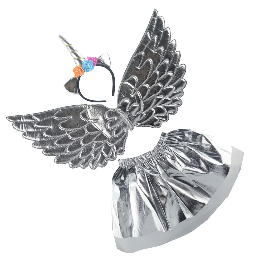 

Unicorn Headband Mesh Skirt Suit Kids Performance Princess Dress Set Wing Headband Playwear Costumes
