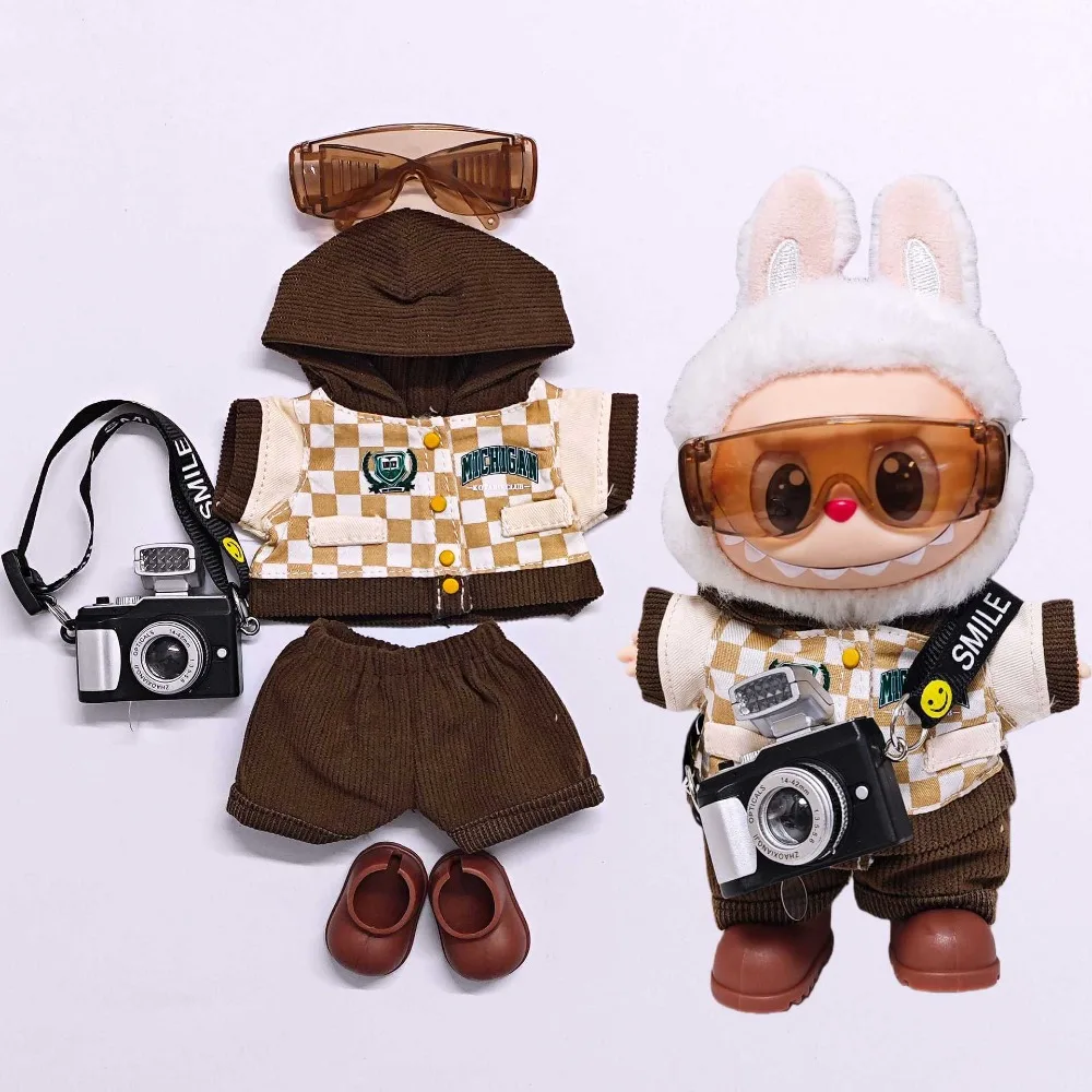 

1Set 15/17CM Labubu Doll Clothes Plaid Hooded Baseball Jersey Set Dolls Accessories Sitting Party Game Christmas Gift Toys
