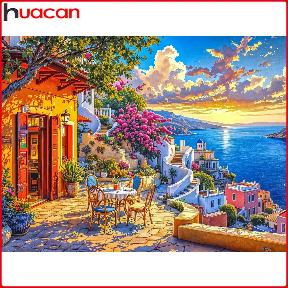 Huacan 5D-Diamantgemälde zum Selbermachen, Meer, Sonnenuntergang, Haus, Diamant-Stickerei, Landschaftsbausätze, Heimdekoration