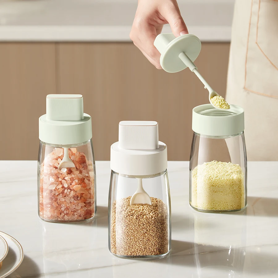 Kitchen Glass Seasoning Bottle Spice Storage Shaker Jar With Spoon Empty Airtight Salt And Pepper Sugar Coffee Bowl Set