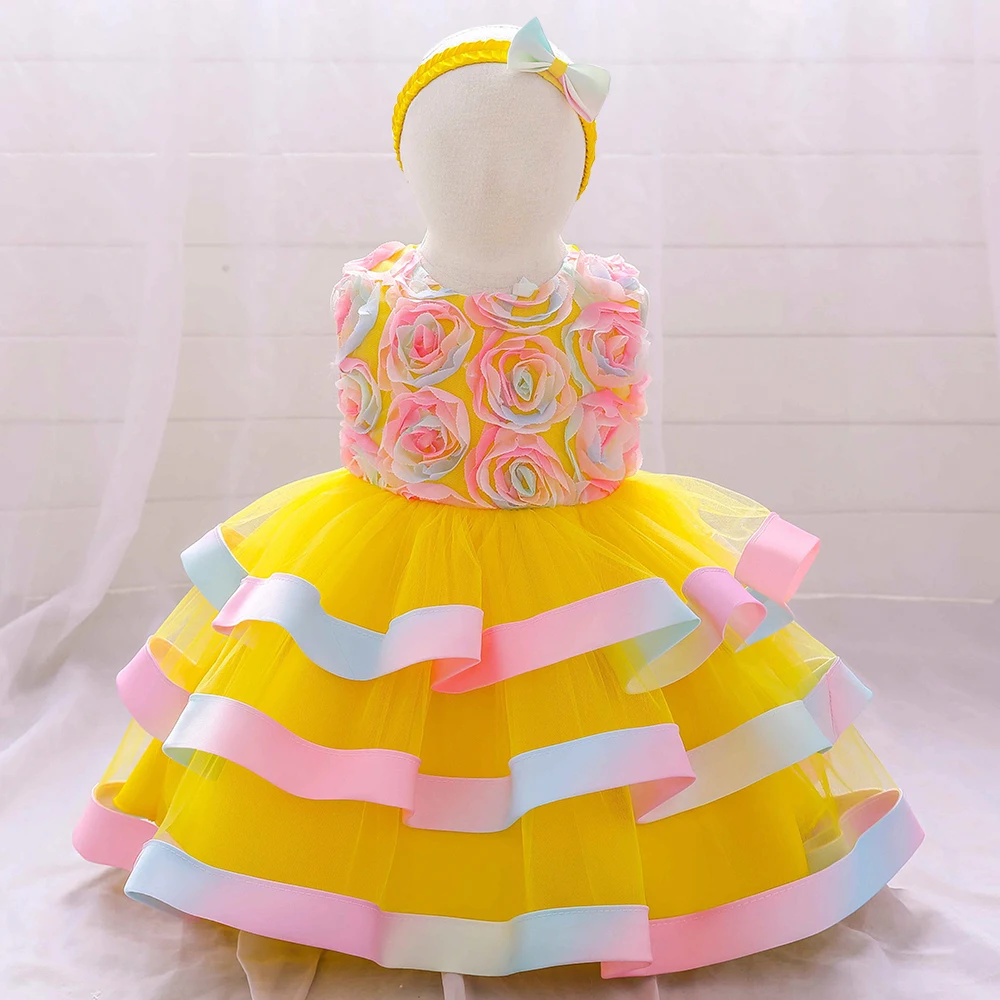 Toddler Colorful Flower Baptism 1st Birthday Dress For Baby Girl Vestido Lace Cake Wedding Party Princess Dresses Child Costume