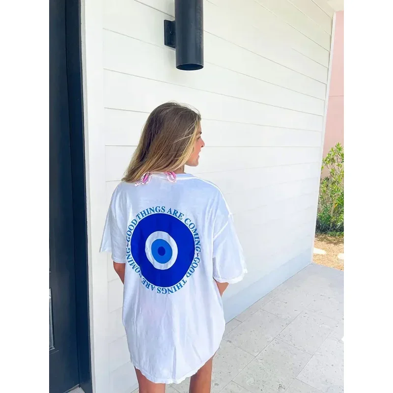 

Поступление хороших вещей, женские хлопковые футболки с принтом сглаза, свободные топы с коротким рукавом и круглым вырезом, Уличная Повседневная Женская одежда, футболка