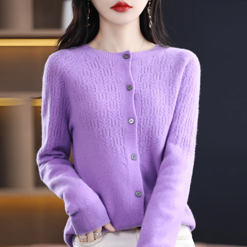 New High Quality 100% Pure Merino Wool Women’s Cardigan Hollow Cashmere Sweater Female Clothing Grace Top Bottoming Shirt