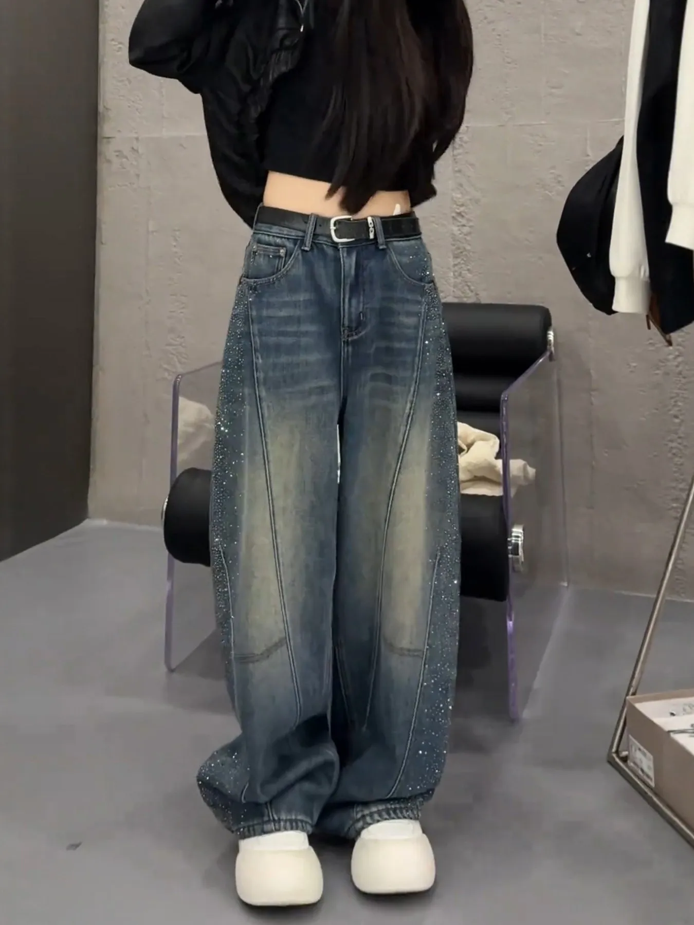 High Waist Wide Leg Denim Jeans Women's Spring 2026 New Style Side Rhinestone Pear Shape Slimming Straight Long Pants