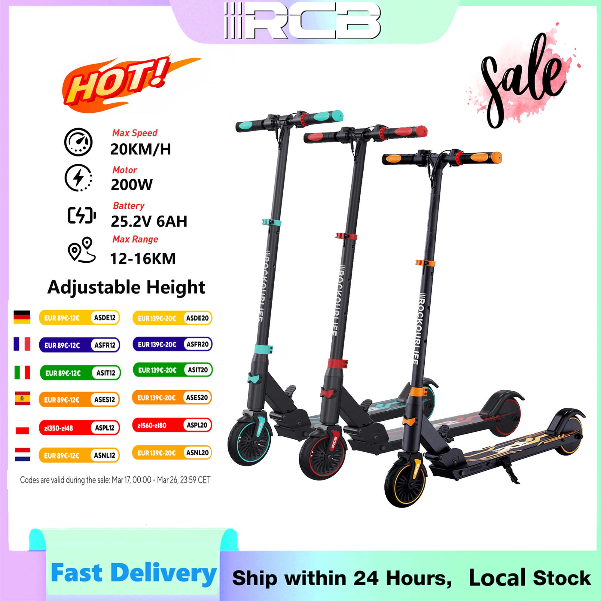 RCB Electric Scooter for Kids Ages 6-8-12, R15 Kids Electric Scooter, 20 KM/H Top Speed, 16KM Range, 3 Heights Adjustable, Gifts