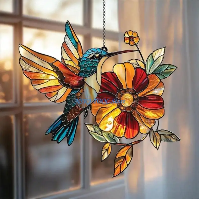 L8RC Realistic Hummingbird And Flower Sun Catcher Showcasing Detailed Wing Light weight Shatterproof Acrylic