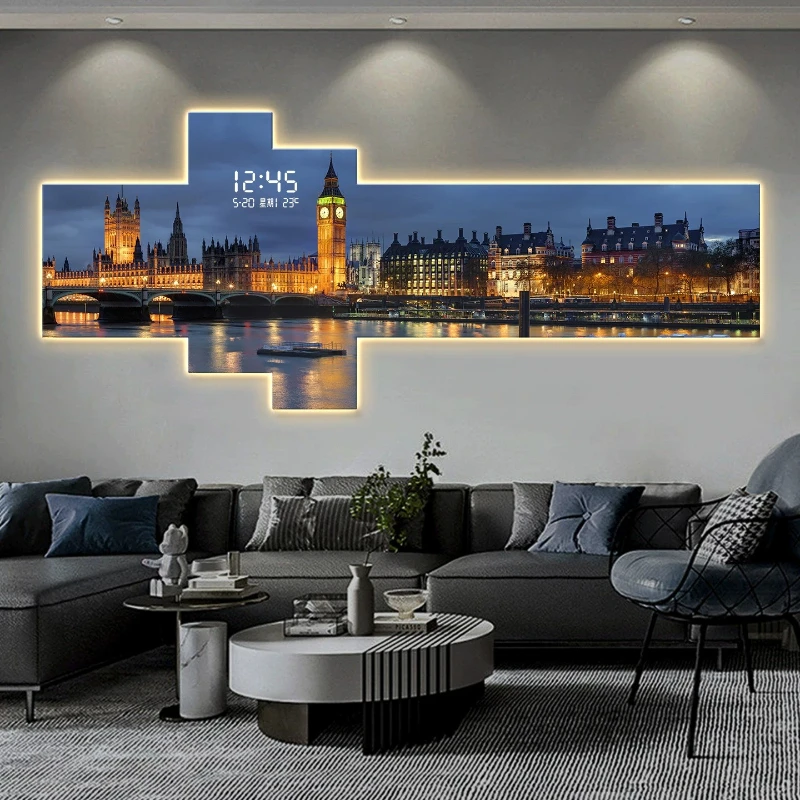 Modern Urban Night Scene LED Wall Clock Landscape Architecture Bedroom Art Electronic Clock for Living Room Wall Lamp Home Decor