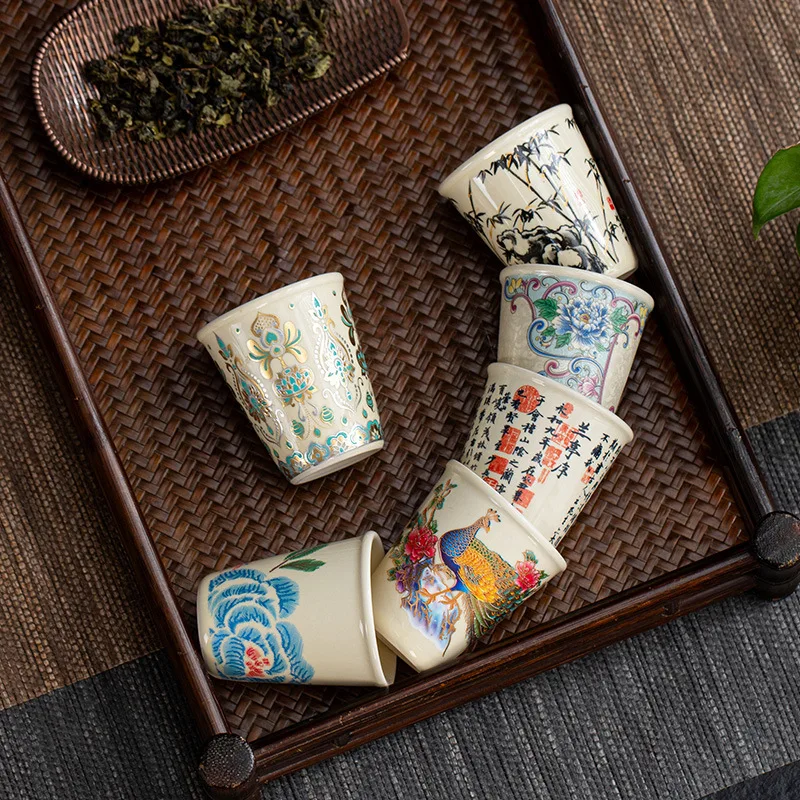 1PC Single Ceramic Tasting Tea Cup, Retro Chinese Style Kung Fu Teacup Small Tea Bowl for Home Drinking