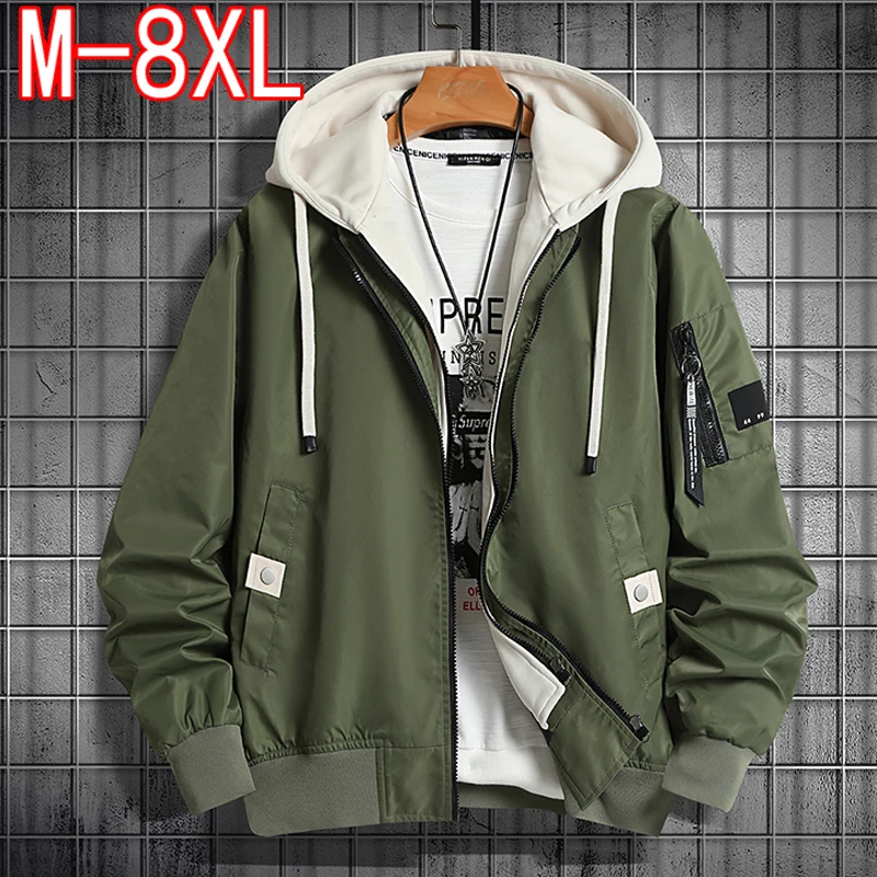8XL Autumn Winter Men Jacket Plus Size Hooded Coats Outwear Fake Two Pieces Loose Jackets Man Fashion Casual Clothing Top