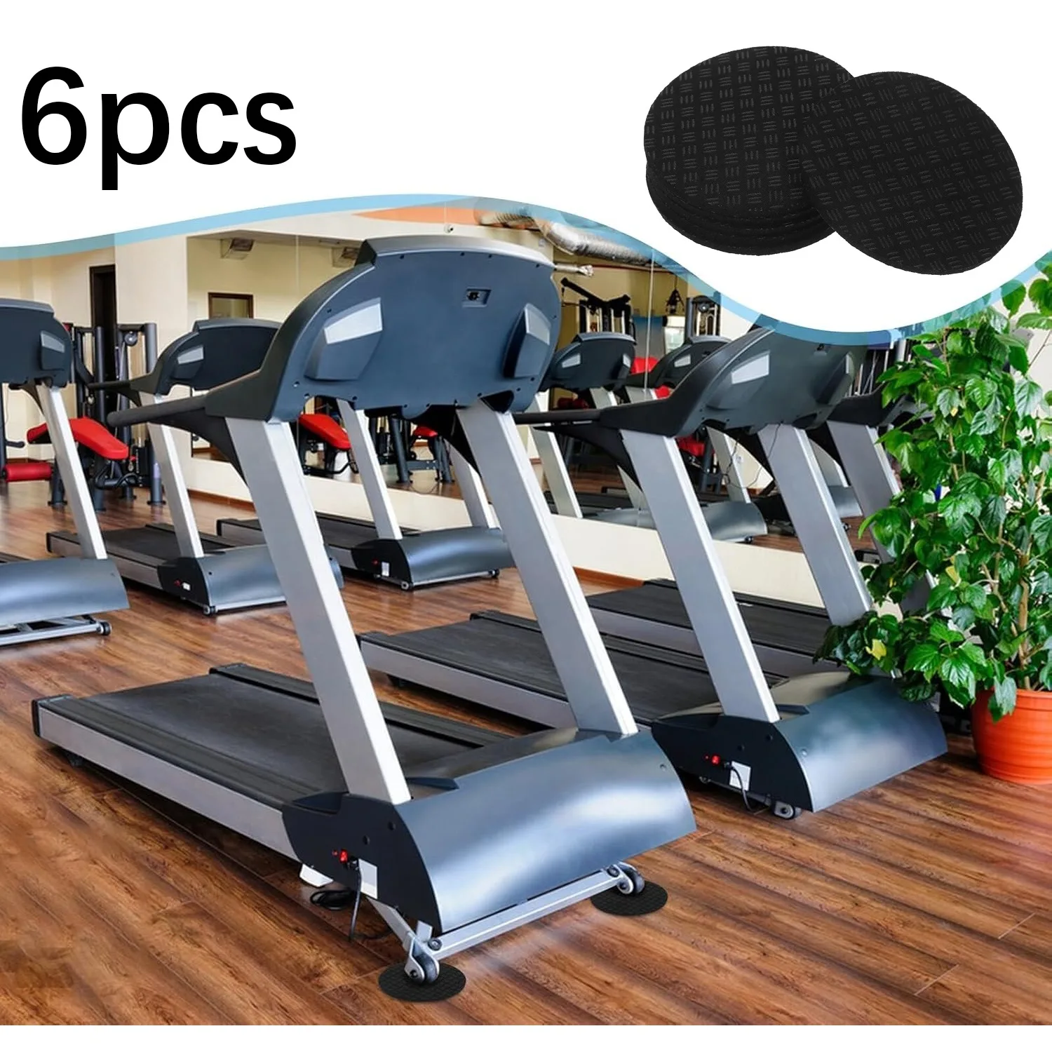6Pcs Anti-Slip Round Treadmill Mat Black Rubber Floor Pad Shock Absorbing Noise Reducing Home Gym Protector