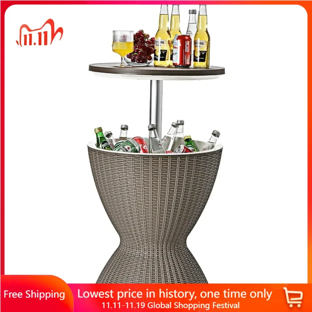 

8 Gallon Party Ice Cooler Table, Drainage Plug, Height Adjustable, Rattan Style Beer and Wine Coolers, 3-in-1 Ice Cooler Table