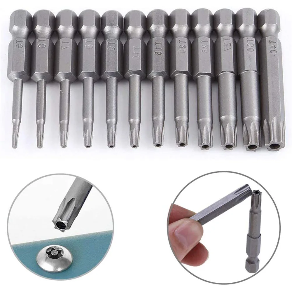 Hex Shank Torx Security Head Screwdriver Drill Set 4 Inch Length S2 Steel Torx Screwdriver Bit Set 11/12pcs Torx Head 1/4 Inch