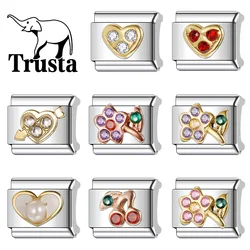 Trusta 2024 New Fashion Flower Heart CZ Charm Italian Links 9mm Bracelet Stainless Steel for Women DIY Jewelry Wholesale N014