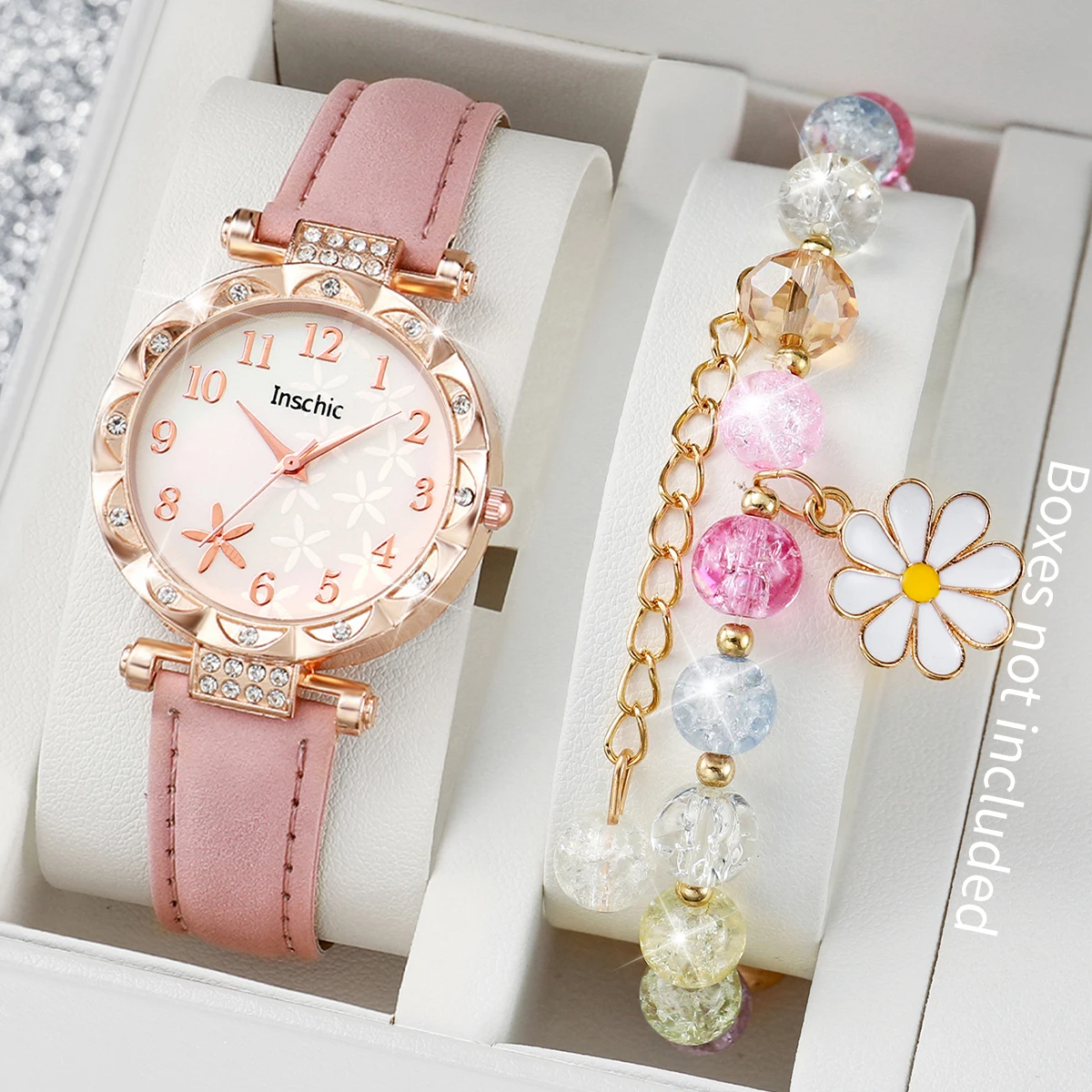 2PCS/Set Fashion Flowers Women\'s Watch Colorful Beads Bracelet Set（Without Box）