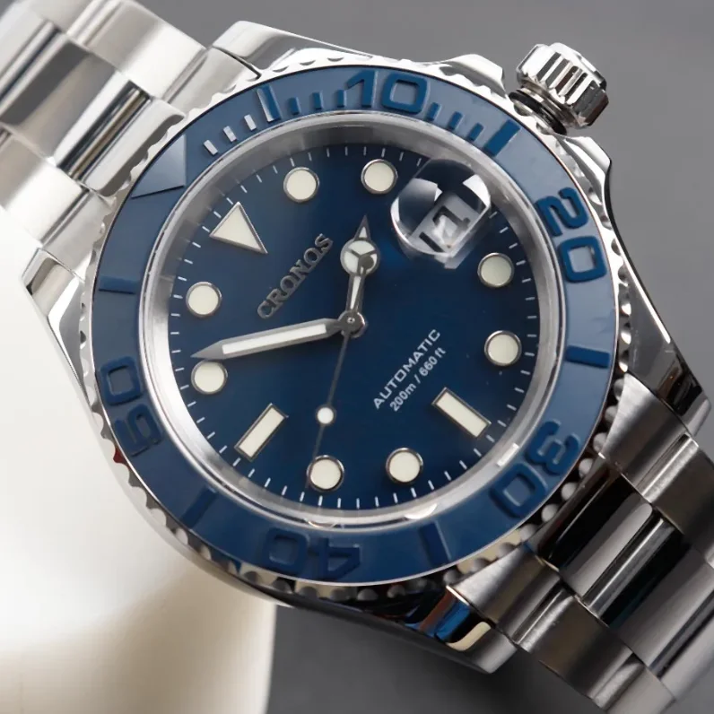 CRONOS Herren-Automatikuhr Pilot 40 mm mechanische Armbanduhr Diver 20ATM BGW-9 Leuchtender Saphirspiegel Keramiklünette PT5000