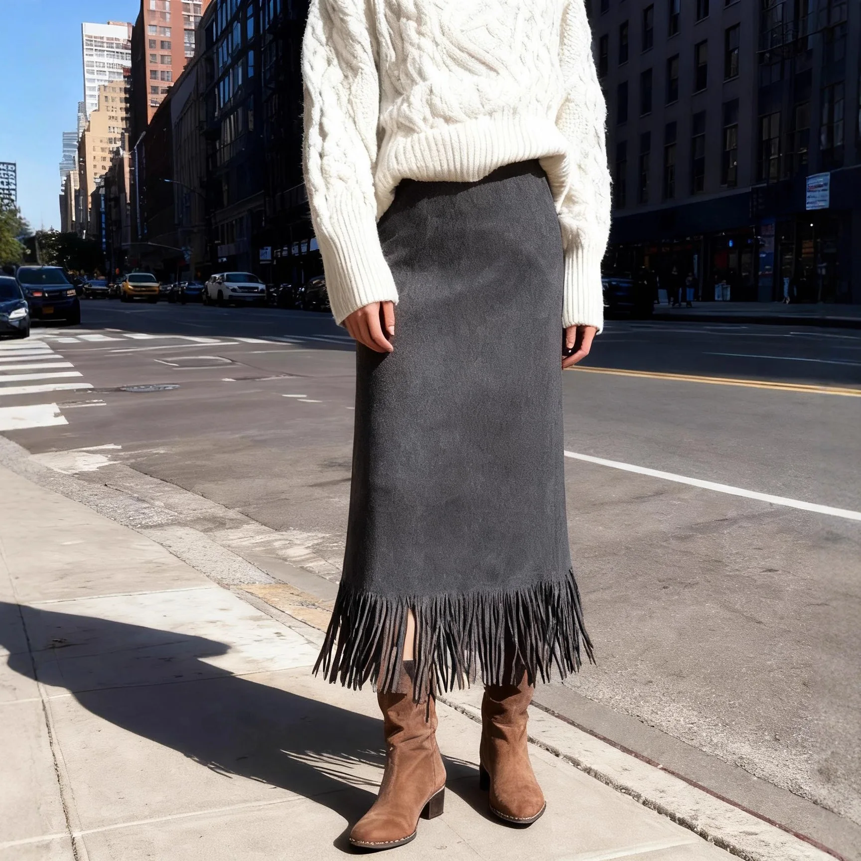 2025 Women's Autumn/Winter Fashion Midi Skirt - Elegant Fringed Suede Flannel H-Line Long Dress for Comfortable Fit