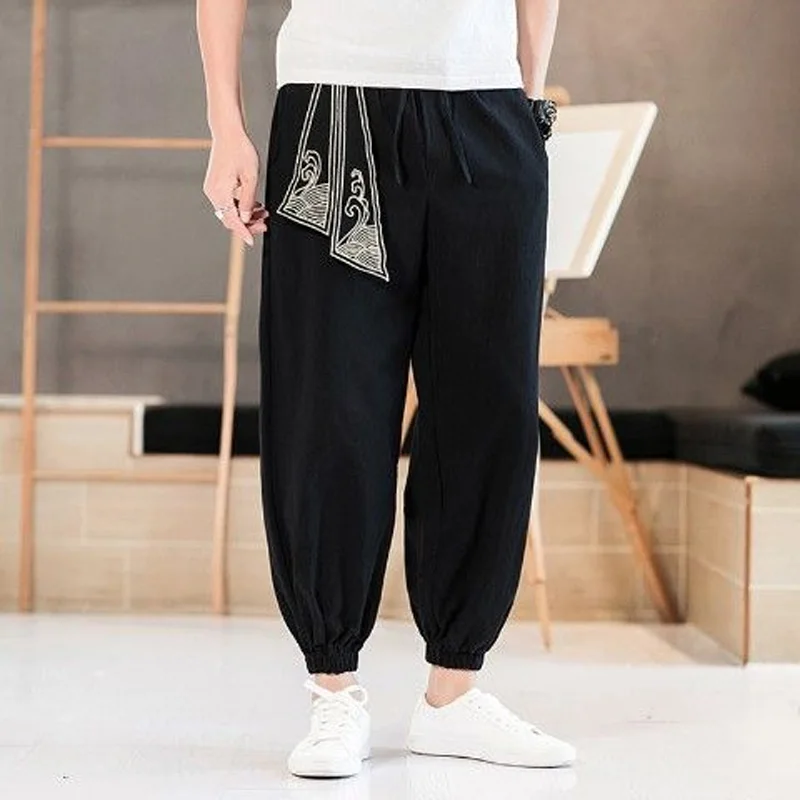 2023 New Spring and Autumn Chinese Style Embroidered Linen Sports Loose Casual Korean Version Trendy Men\'s Feet Cropped Pants