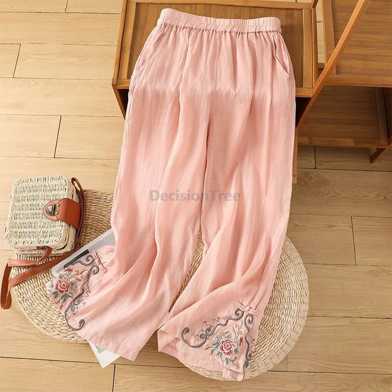 

2025 summer thin cotton linen wide leg pants new chinese style embroidery pants loose comfortable leisure versatile trousers